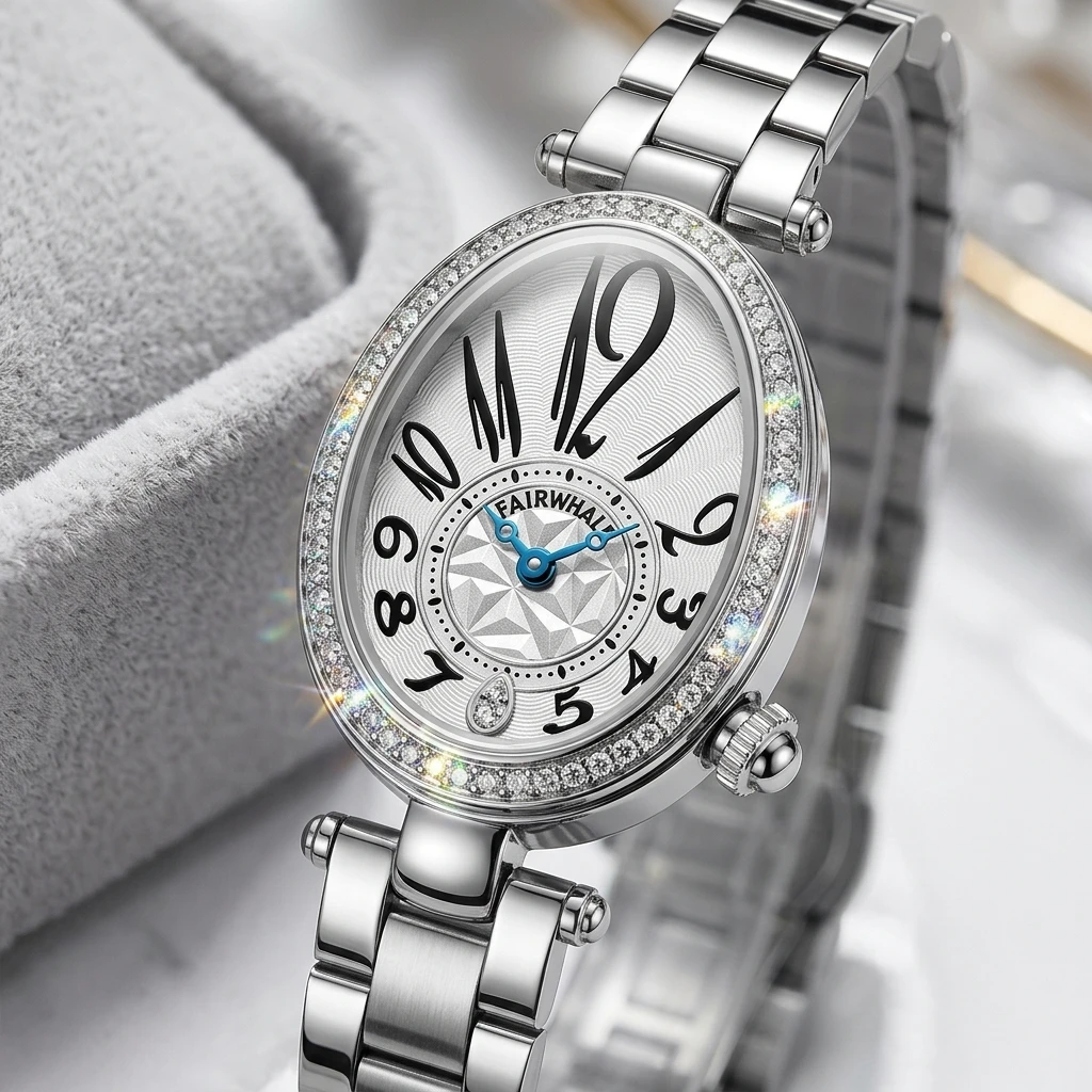 Mark Fairwhale Ladies Wrist Watch Quartz Movement Oval Egg Creative Number Dial Full Diamond Bezel Metal Bracelet for Women
