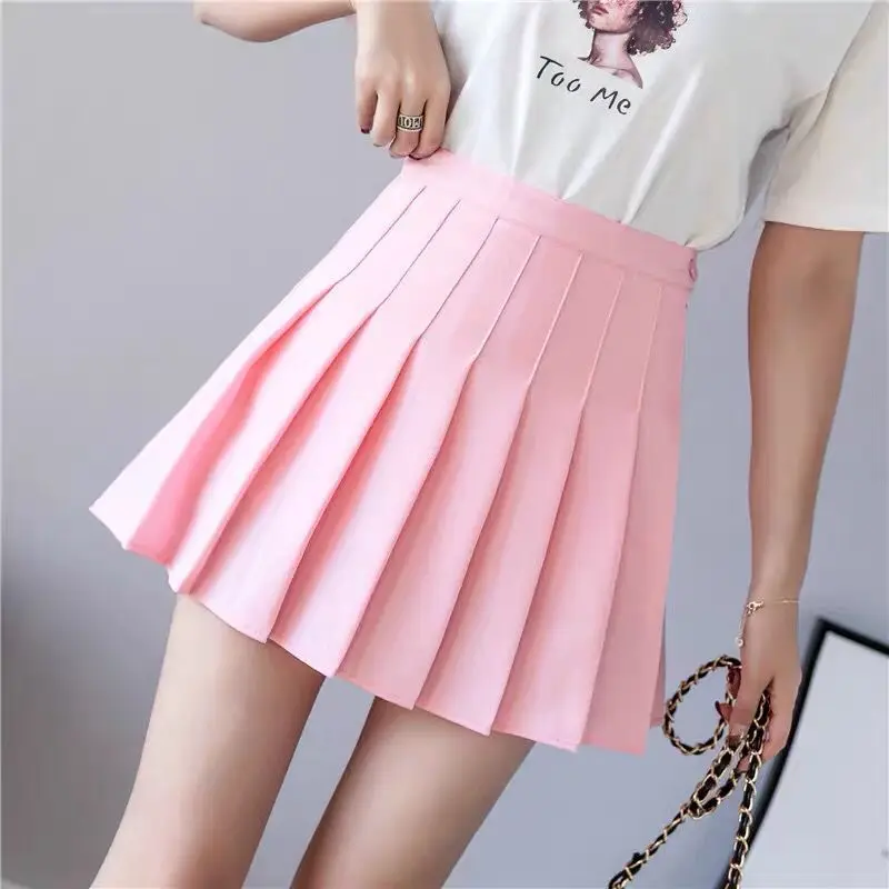 2024 Summer New Women Slim Solid Color Pleated Short Skirt College Style Pure Want To High-waisted Skinny-proof A- line Clothing