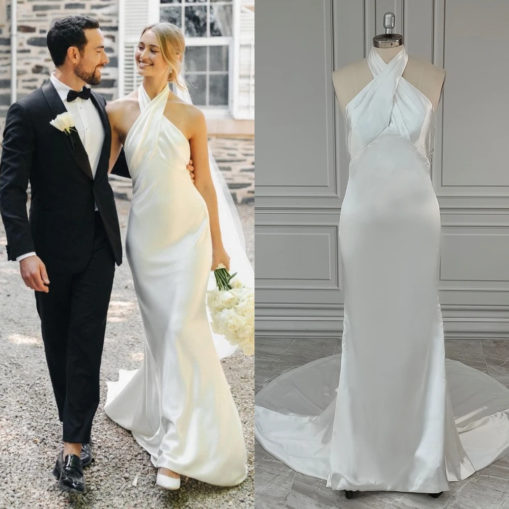 19029 #   Personalizado halter pescoço sereia vestido de casamento de cetim macio trem varredura sem costas vestido de noiva para mulher novia