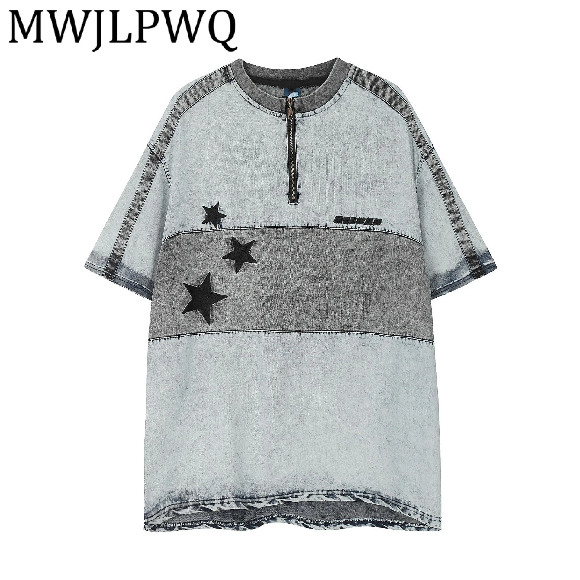 

MWJLPWQ Мужская джинсовая футболка в американском уличном стиле с цветными блоками, модные потертые винтажные повседневные топы с воротником на молнии и короткими рукавами 21318