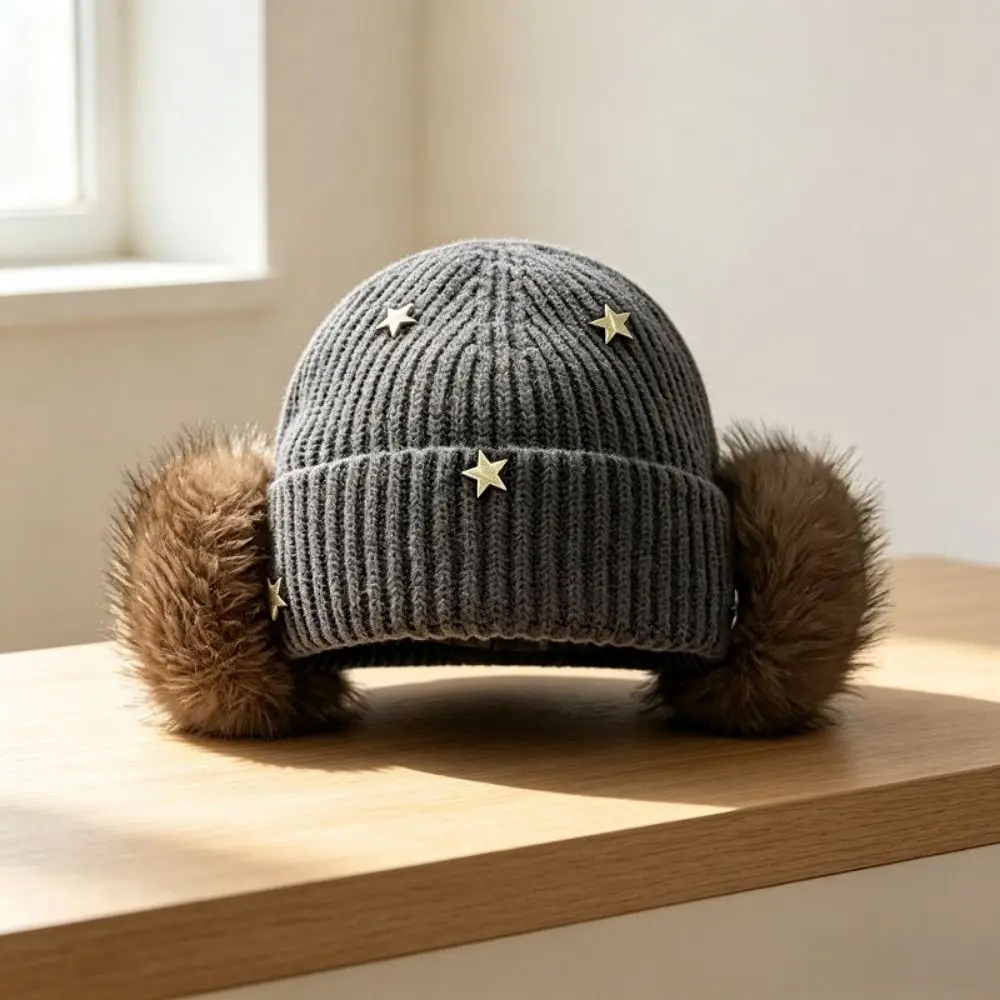 Weiche, winddichte, gestrickte Mütze mit Sternenmuster, gestricktes Design mit Umschlag, winddichte Kappe, koreanischer Stil, wärmend, Damen, warme Mütze, ideal für Reisen. – Detail 7