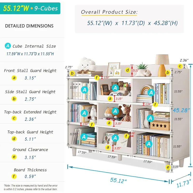 Wooden Cube Bookcase with Legs - 3-Tier Open Shelf Kidsroom Sorted Storage Cabinet Organizer for Books and Toys, 9-Cube Lattice