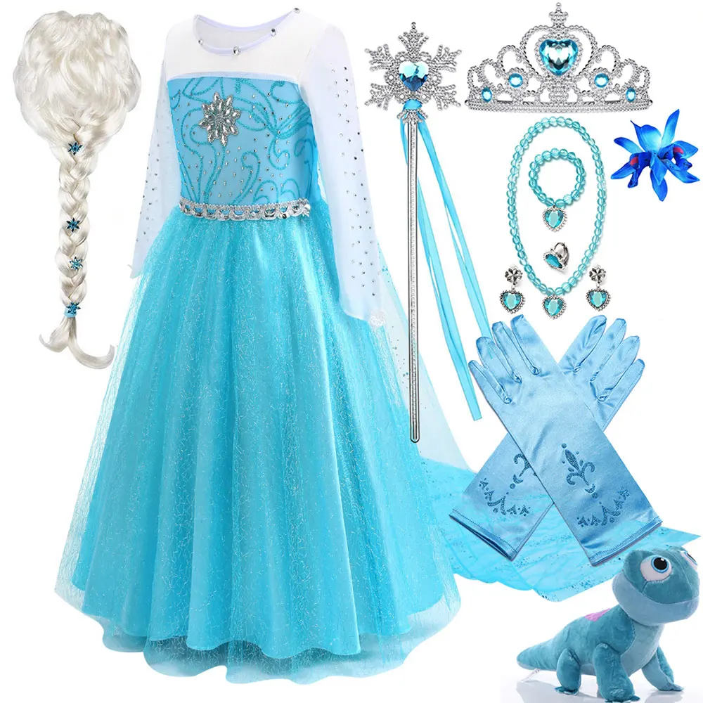 

Frozen Inspired Princess Elsa Dress For Girl Cosplay Princess Breathable Lace Light Blue Long Sleeve Disney Dress + Accessories