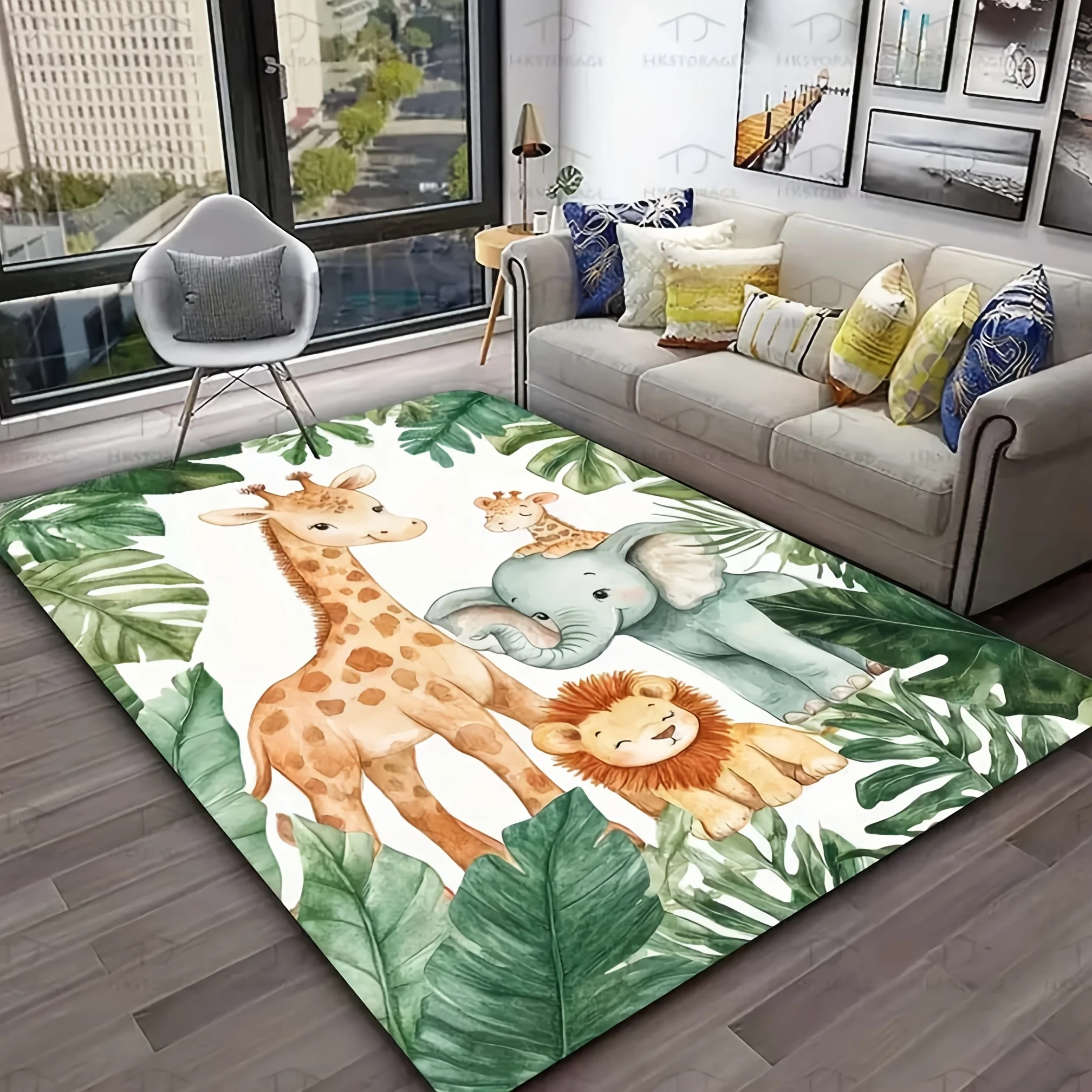 1pc Jungle Safari Animal Soft Anti-Slip Floor Mat – Giraffe, Elephant & Lion Design with Tropical Leaves, Durable Polyester Fl