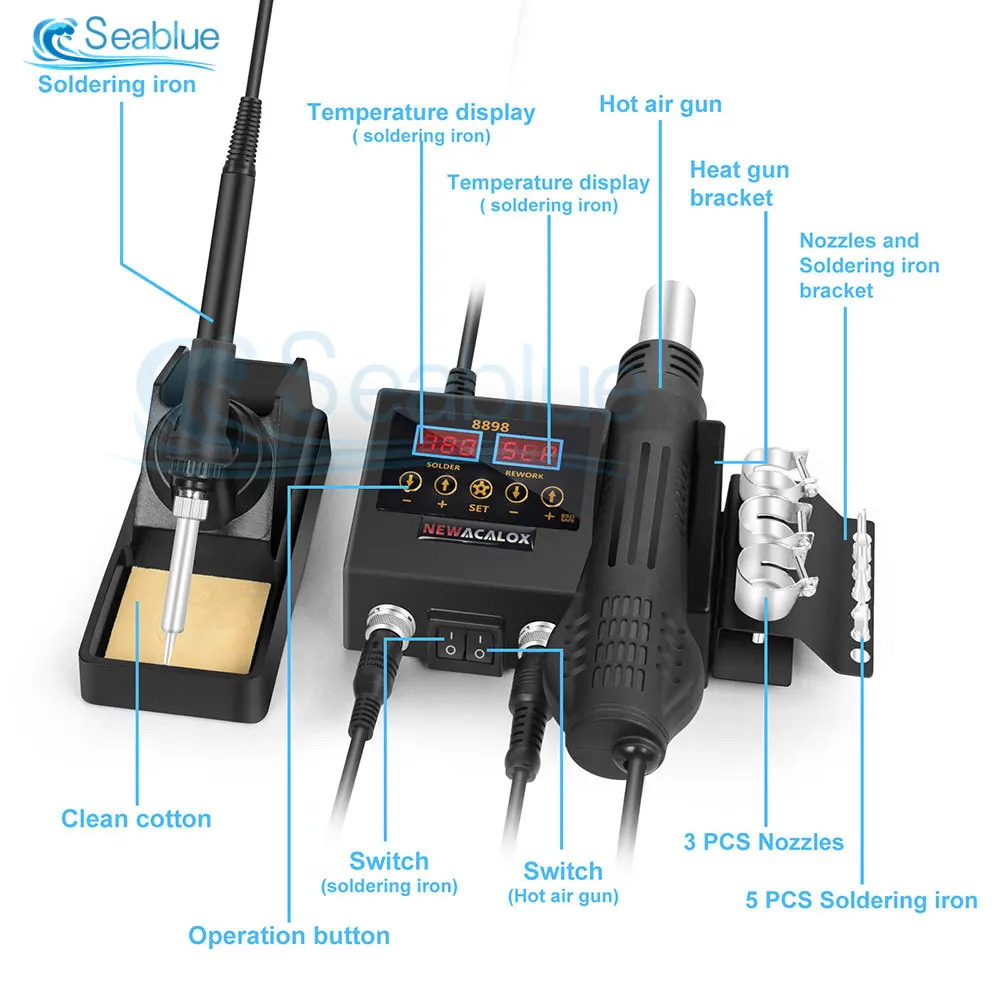 8898 SMD Rework Soldering Station 2 In 1 Hot Air Soldering Iron LCD Digital Display Welding Station For BGA PCB IC Repair 8586D