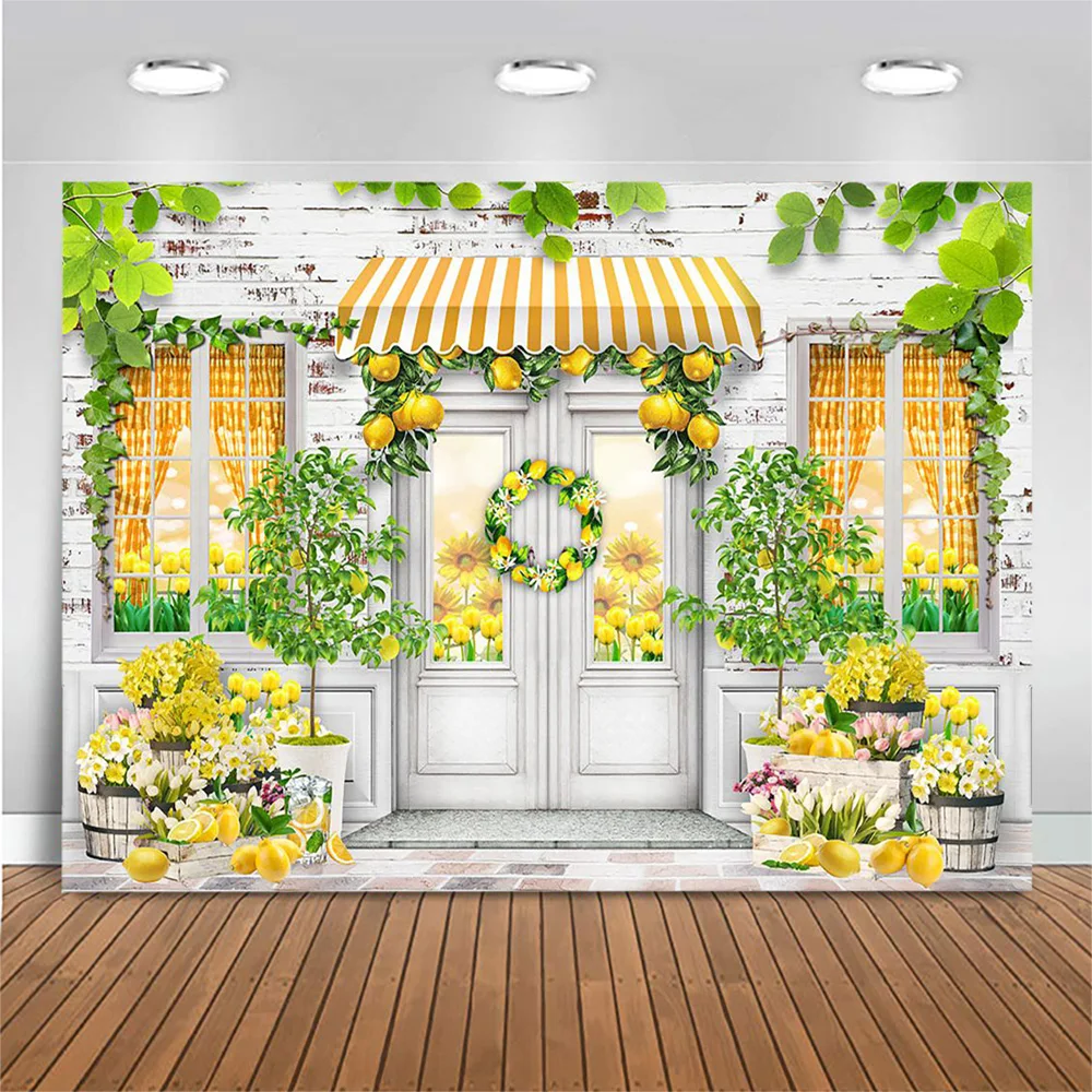 White Brick Wall Flower Shop Backdrop Yellow Tulips Lemon Baby Kids Portrait Photography Background Studio Photocall Photo Booth