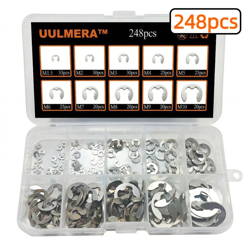 UULMERA 248pcs External Circlip Snap Ring Assortment 10 Sizes E-Clip Retaining Rings 304 Stainless Steel Circlips M1.5-M10