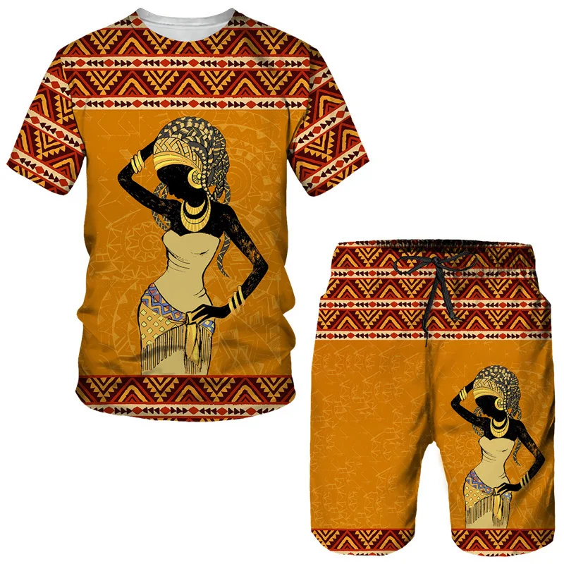 Conjunto de camisetas e shorts estampados em 3D para menina africana, camiseta e calça de manga curta extragrande, roupas estilo étnico, verão