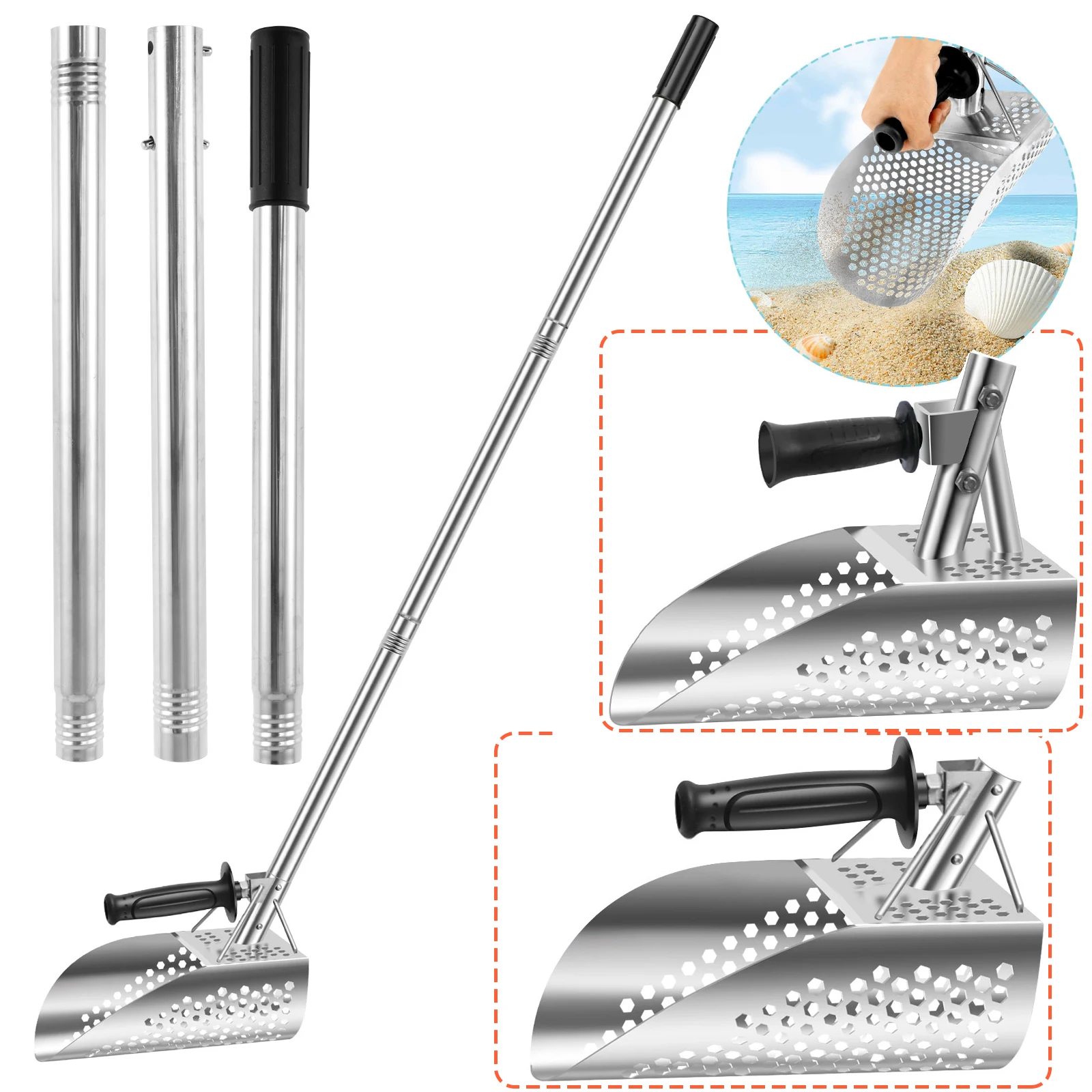 Heavy Duty Metal Detecting Shovel 304 Stainless Steel with Removable 140cm Length Handle Rustproof for Beach Treasure Hunting