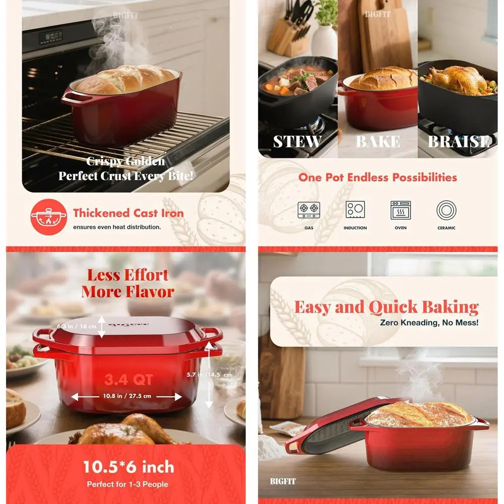 

Enameled Cast Iron 3.4QT Oval Bread Pan with Lid, Perfect for Sourdough and Homemade Baking