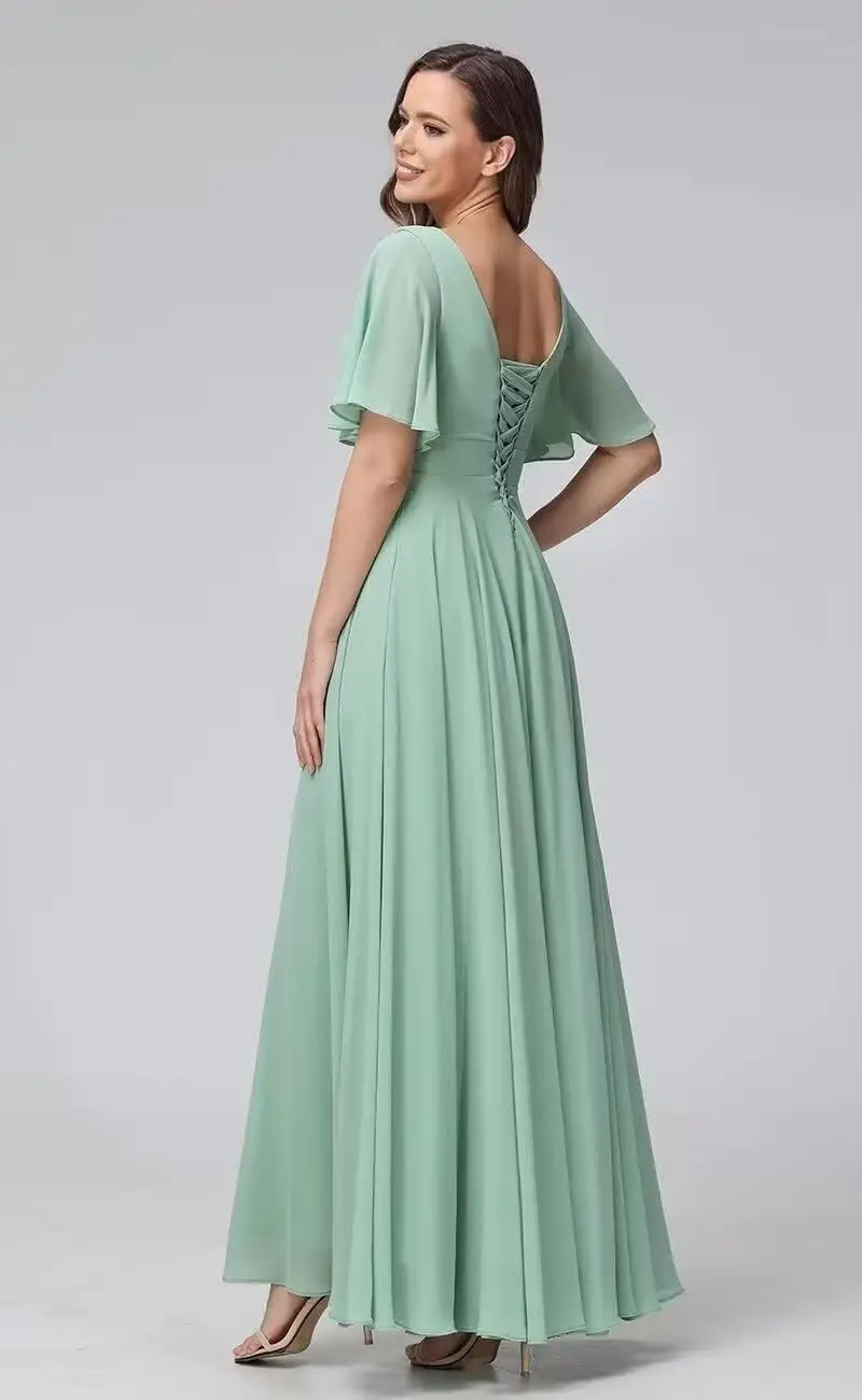 Women's V Neck Short Sleeve Chiffon Bridesmaid Dress A-Line Long Formal Elegant Dress with Slit for Wedding Party 2025