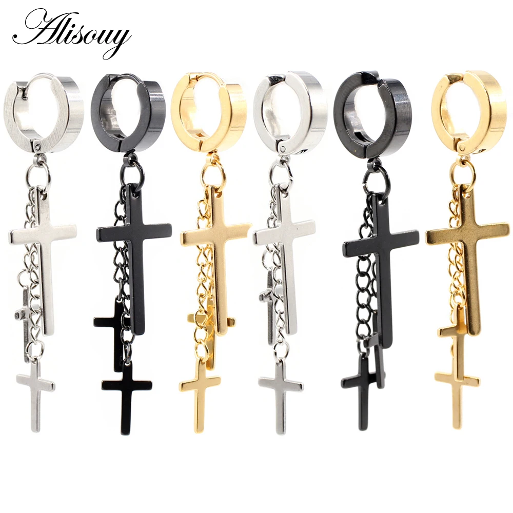 Alisouy 2pcs Punk Hiphop Rock Stainless Steel Chain Cross Pendant Unisex Women Men Huggie Round Ear Hoop Stud Earrings Cartilage