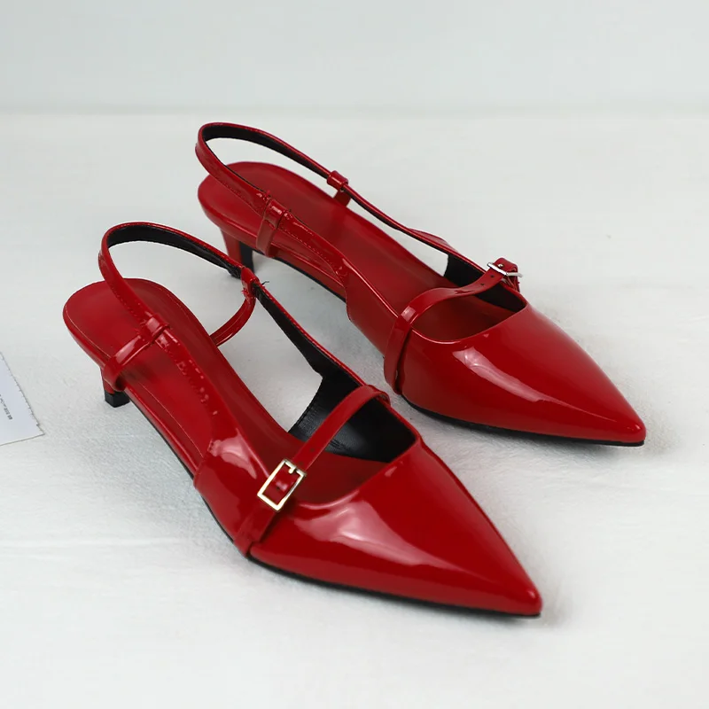 Lakleer Dames Sandalen Sexy Puntige Neus Rug Riem Gesp Zomer Slingback Schoeisel Grote Maat Hoge Hak Rode Trouwschoenen