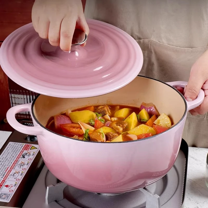 22/24/26/28cm Gradation Pink Cast Iron Enameled Dutch Oven Pot with Lid, Dual Handle for All Stoves,Oven Safe To 500°F,Casserole