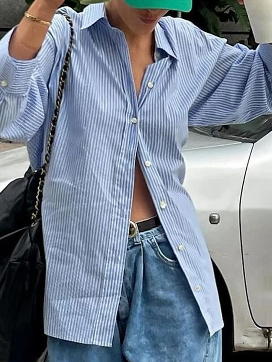 بلوزة فضفاضة مخططة طويلة Sve irt للنساء كاجوال Sle مريح مناسب بنمط مخطط صيفي وصل حديثًا ملابس نسائية