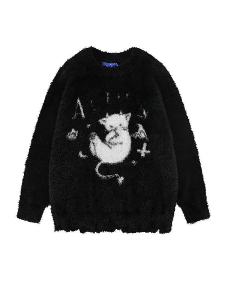 

American Sle Pattern Hole Knitted Sweater Women's Autumn Cute Lazy Sle Design Couple's Top Trendy Long Sve Knitwear