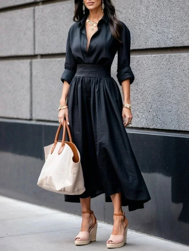 エレガントな女性のドレス新しい長袖ソリッドカラー V ネックシャツハイウエストロング A ラインドレスカジュアルファッション女性のドレス