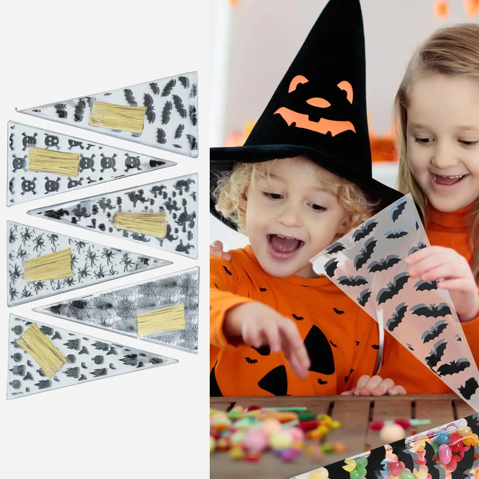 Halloween Cone Candy Bags 100pcs/Set Patterned Cone Bag Halloween Theme Treat Bags Halloween Theme Patterned Goodie Bag Filler