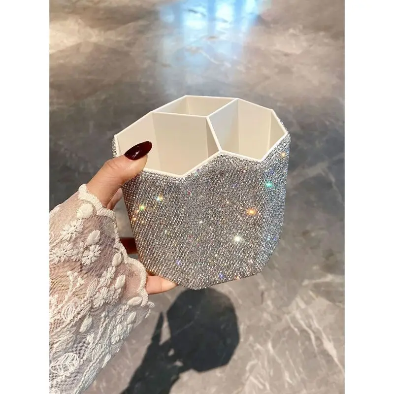 Diamond-Encrusted Large-Capacity Makeup Brush Storage Bucket Light Luxury Multi-Functional Organizer for Dressing Table Shelf