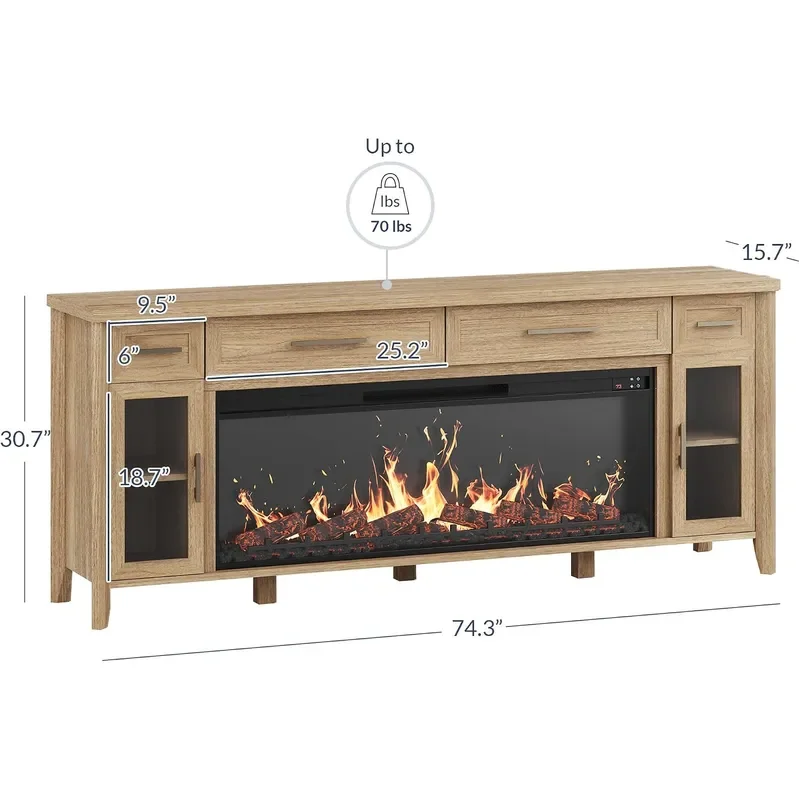 74 Apex Extra Large TV Stand with 48 Electric Fireplace Camel
