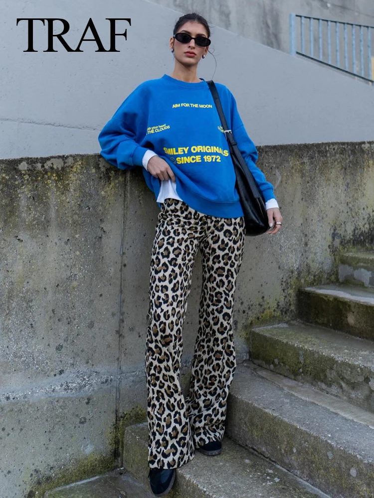 TRAF Spring Women Vintage Leopard Print Pants 2024 Female Button Pockets Chic Pants Zipper Long Streetwear Elegant Women Pants