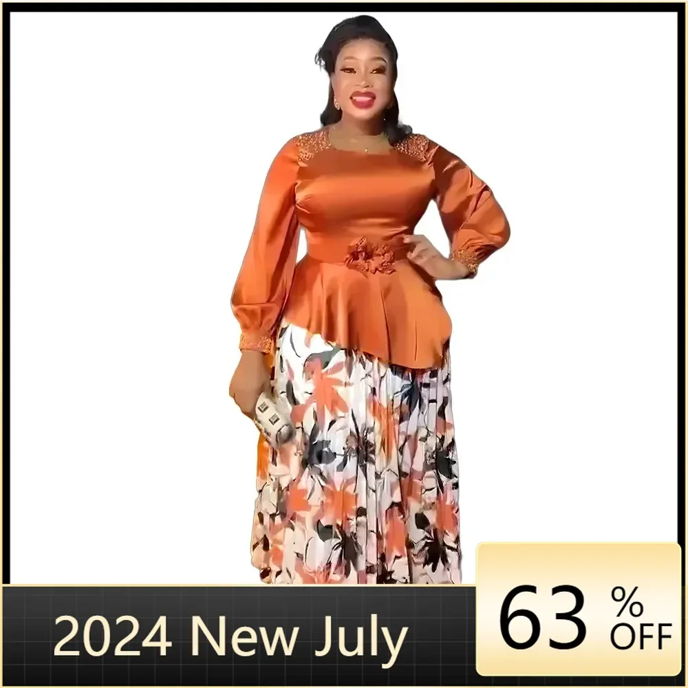 

African Clothes for Women Summer Fashion African Long Sleeve Polyester Print 2 Piece Top Long Skirts Matching Sets Outfits L-3XL