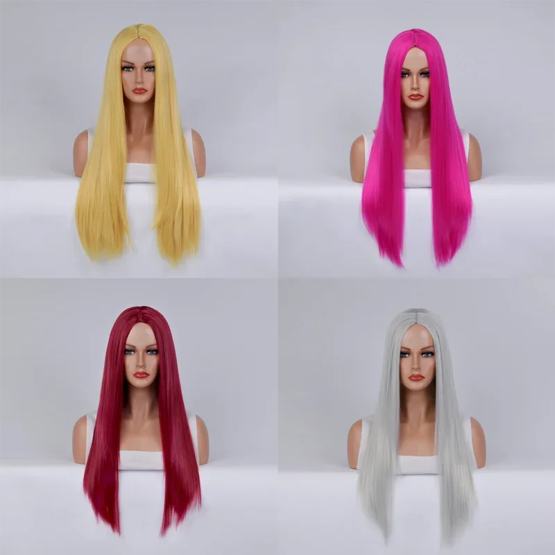 الاصطناعية الوردي طويل مستقيم شعر مستعار الجزء الأوسط حريري لينة موضة تأثيري زي حفلة لوليتا مقاومة للحرارة الاستخدام اليومي