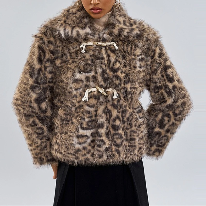 

Faux Fur Women Coats Full Sleeve Leopard Print Coat Thick Warm Turn Down Collar Y2k Streetwear Elegant Open Stitch 2025 Jackets