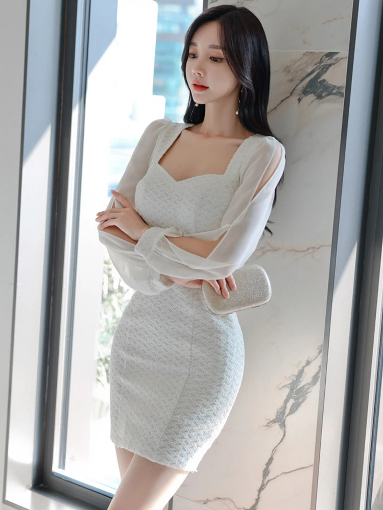 Moda mujer Vintage Sexy escote corazón Mini vestido de fiesta Club temperamento elegante Sexy café descanso hueco blanco vestido femenino