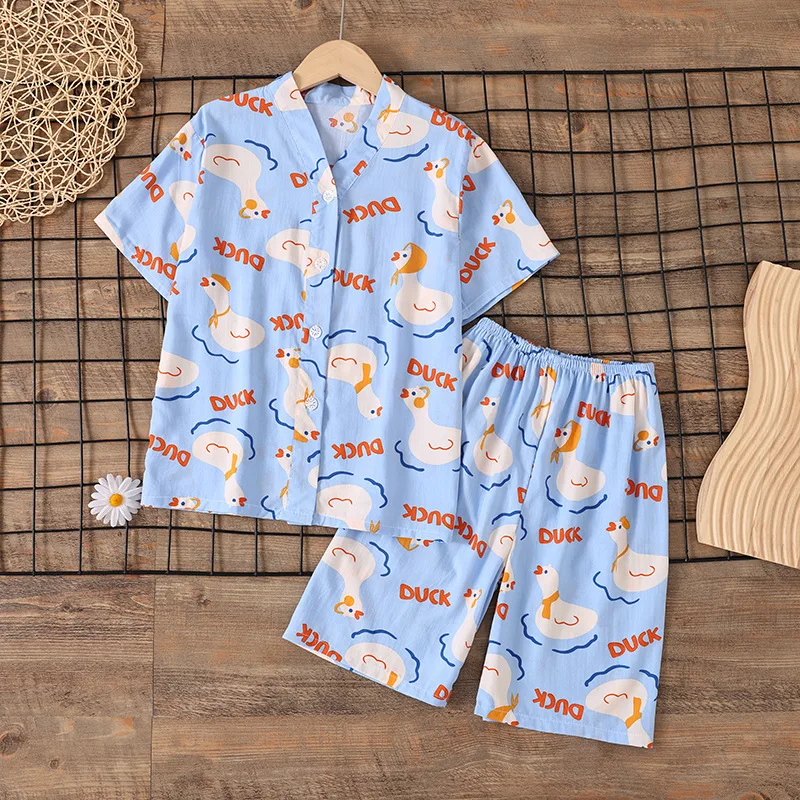 2-15Y Kids Summer Pajamas Set Boys Girls Cute Cartoon Print Short Sleeve V-neck Shirt + Shorts Homewear Sleepwear H102-27