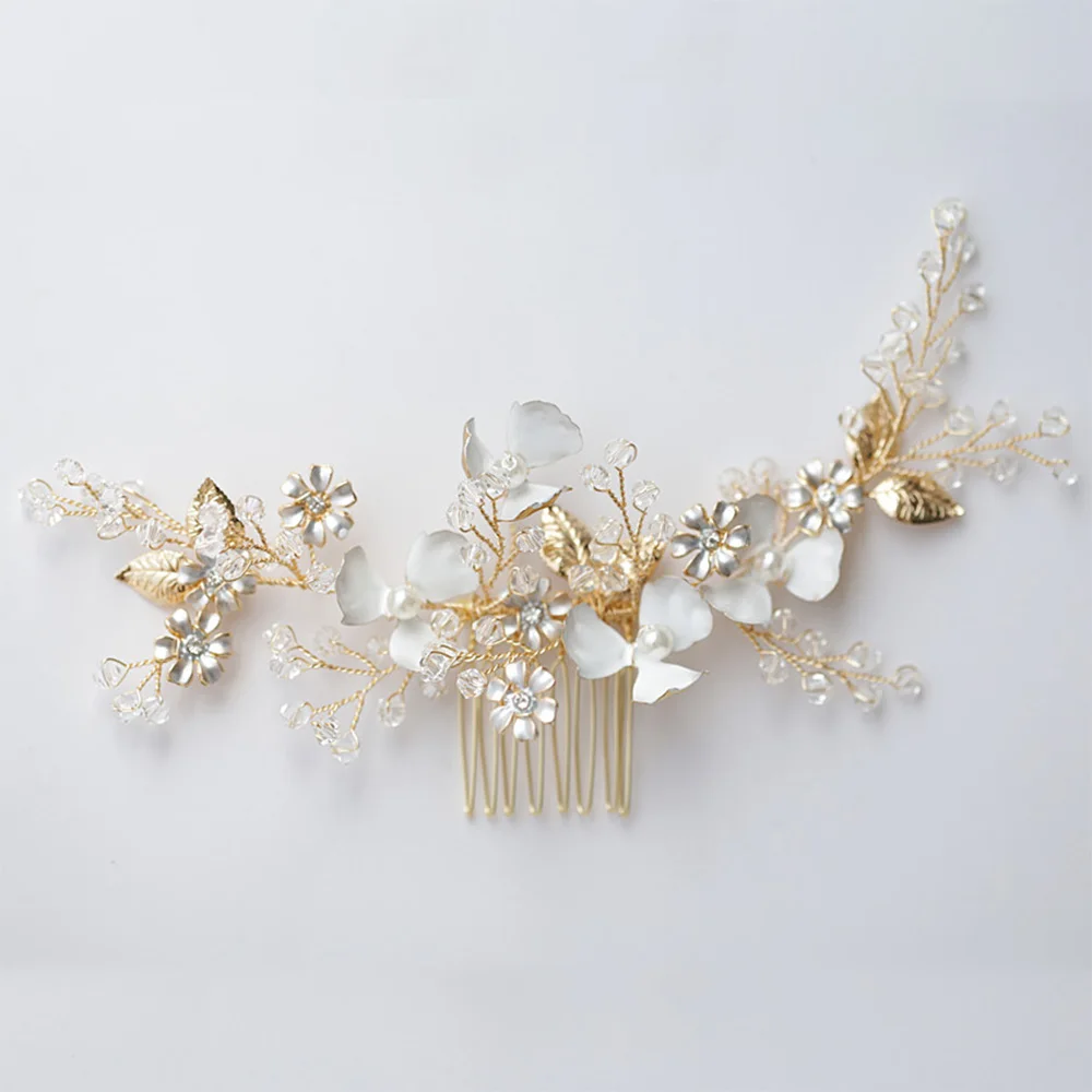 Elegant Bridal Hair Accessories with Gold Comb Crystal Flowers Classic Wedding Headpiece for Bride 13cm