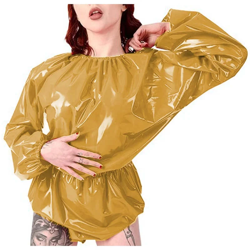 

One-Piece Short Playsuits Sexy PVC Round Neck Elastic Waist Loose Long Sleeve Bodysuit Lingerie Sexy Adult Female Fantasy S-7XL