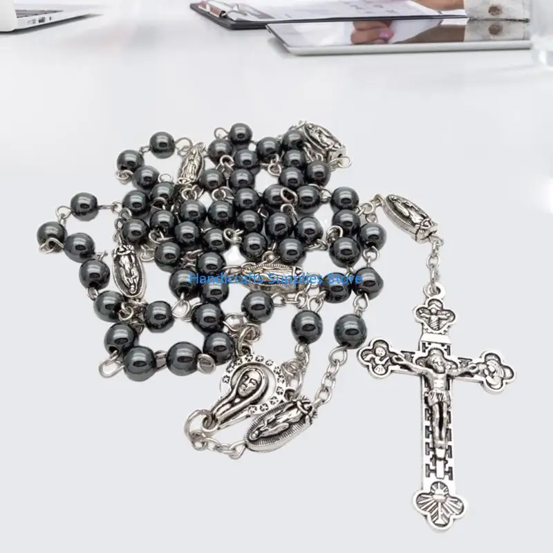 R1WA Vintage Religion Rosary Necklace Hematite Stone Round Beads Chain with Jesus for Cross Pendant Necklace Catholic Jewelry