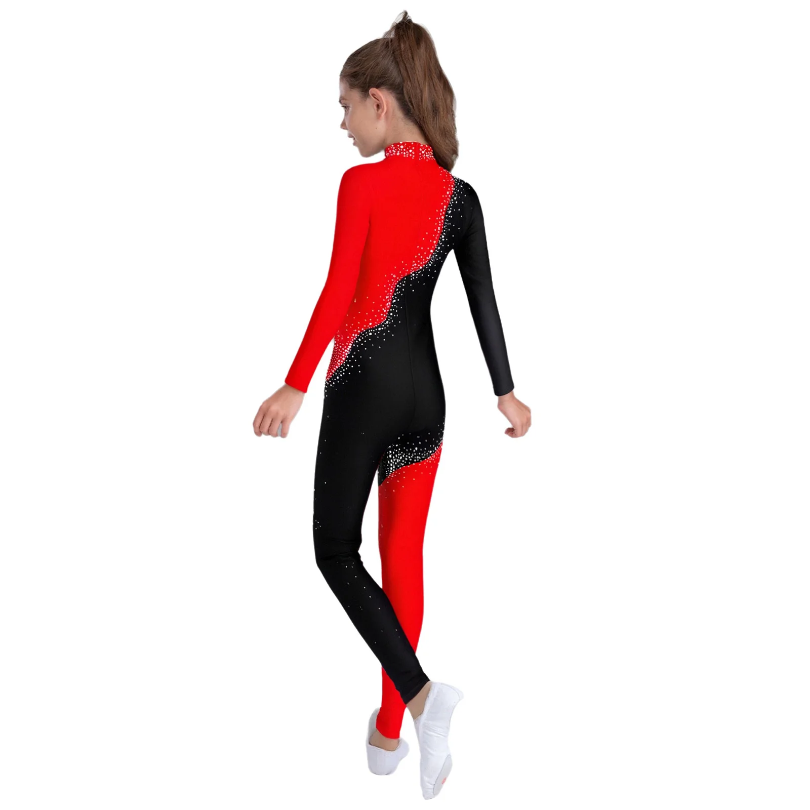Kids Girl Shiny Rhinestones Gymnastics Jumpsuit Figure Skating Color Block Bodysuit Mock Neck Long Sleeve Back Full Body Leotard
