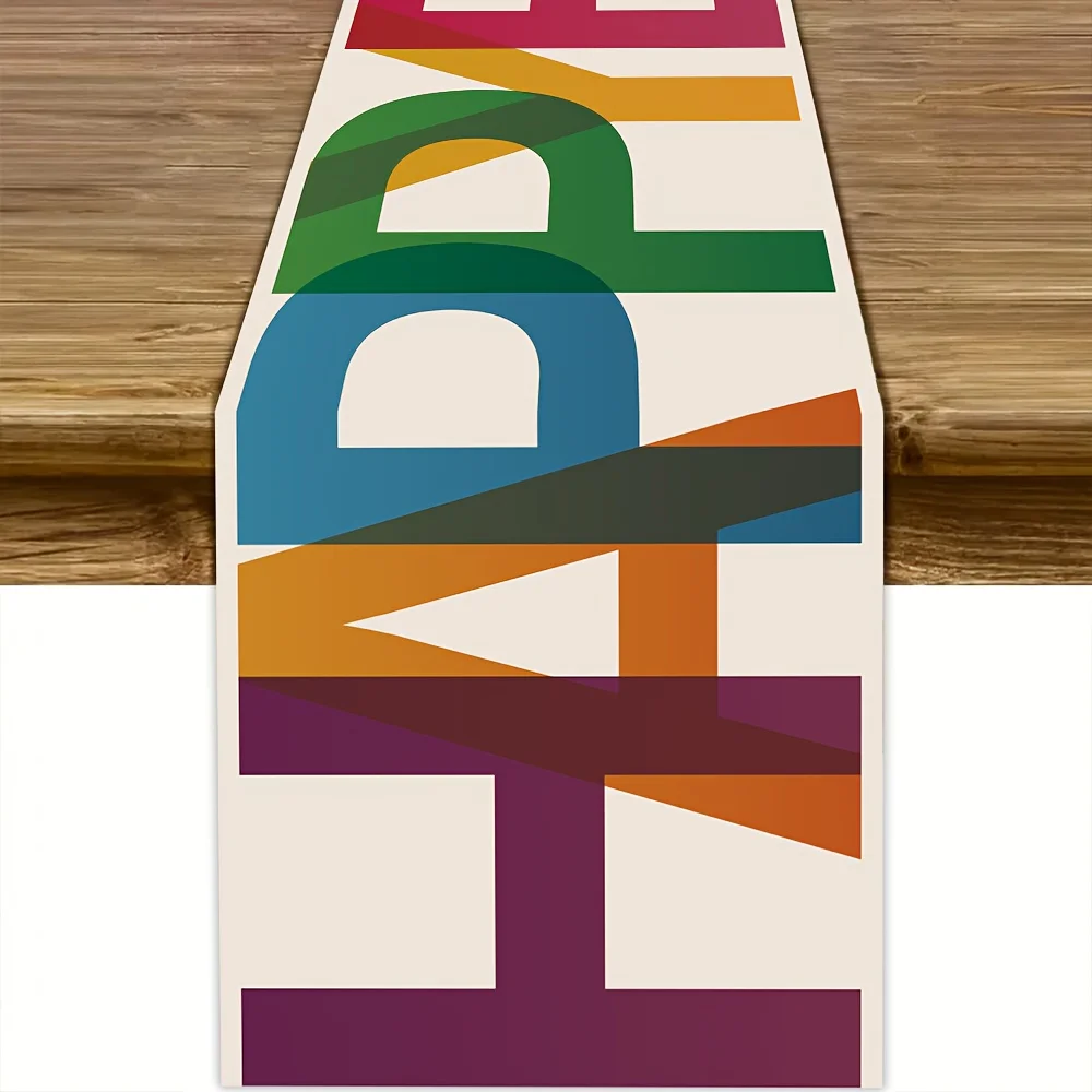 Colorful Happy Birthday Table Runner - Vibrant Bold Typography Festive Decorative Table Cover for Party Celebration
