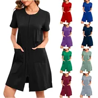 Women'S Nightshirt Zipper Front Nightgown Short Sleeve Crewneck Sleepwear Loose Fit Short Pajamas Dress With Pockets 2024 - Image 2