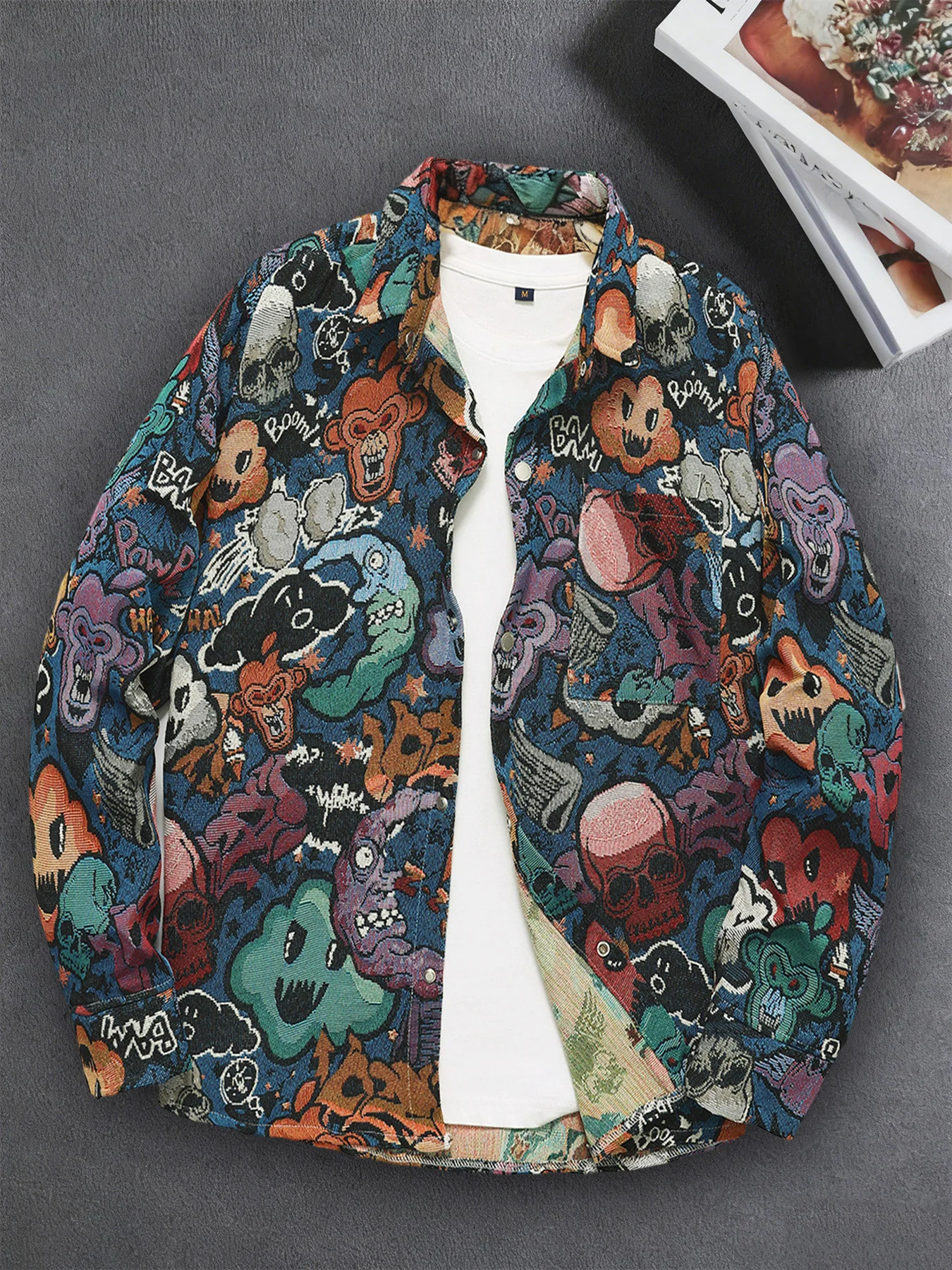 

Men's Trendy Casual Jacquard Work Jacket for Spring and Autumn, American-Style Design with Retro Fun Cartoon Anime Prints