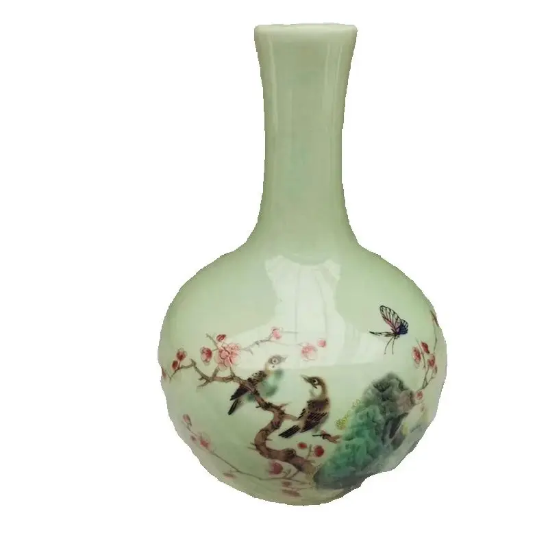 Chinese Old Porcelain Celestial Ball Vase Floor Standing Pottery with Pink Plum Blossoms And Birds Traditional Decorative Piece