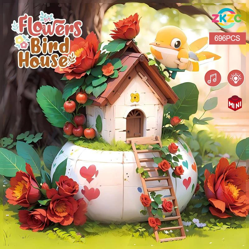 Creative Mini Birdhouse and Flower Rose Building Blocks Bricks Desktop Decor Item Toy for Kids Girls Gifts Desktop Decor Item
