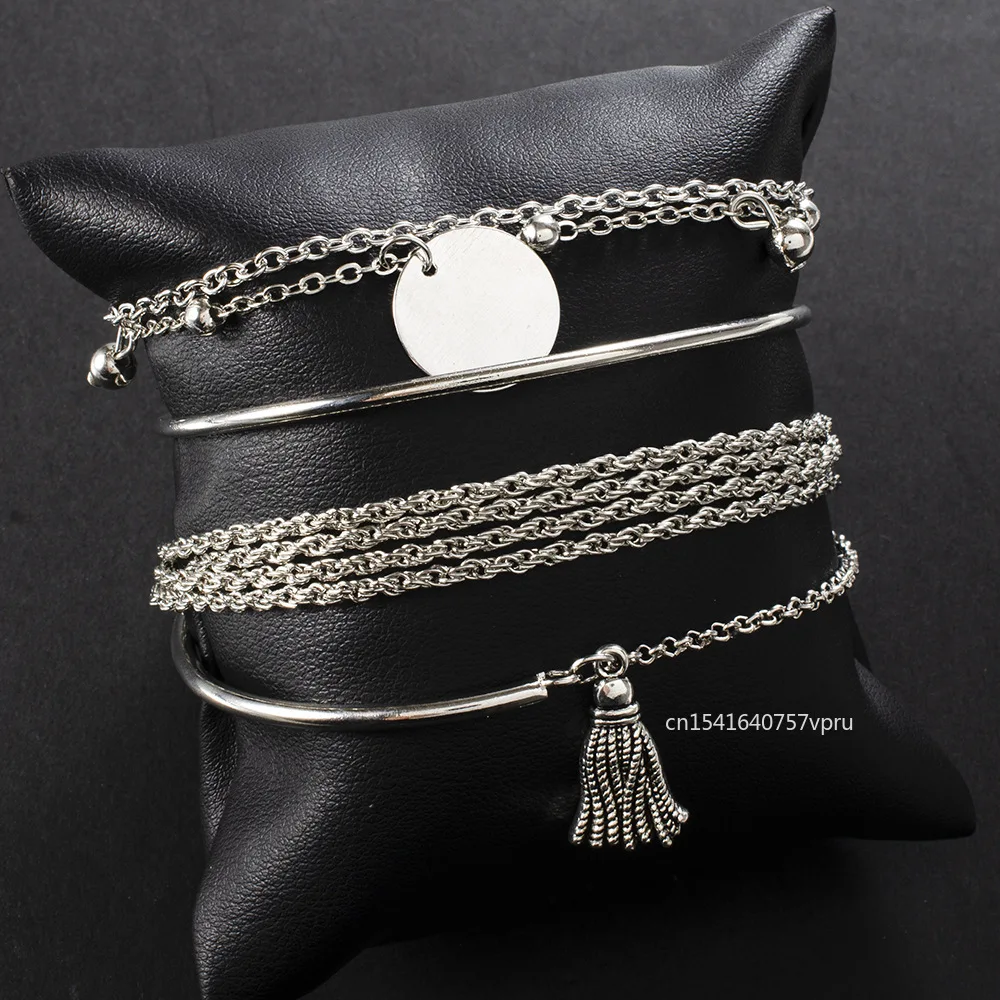 4PCS Set Vintage Silver Color Tassel Bracelet for Women Charm MultiLayer Stainless Steel Chain Bangles Party Jewelry Punk Gift