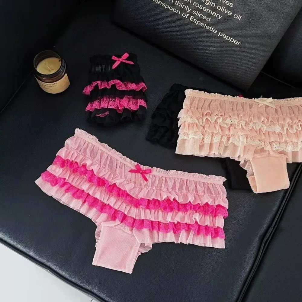 Cotton Crotch Women's Lace Panties Lace Trim Layered Ruffles Ruffled Lace Panties Breathable Mesh Sweet Bow Women's Underwear