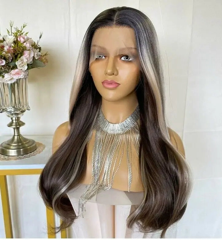 

Коричневый блондин омбре парик HD передняя кружевная смесь подчеркивает волнистые вьющиеся