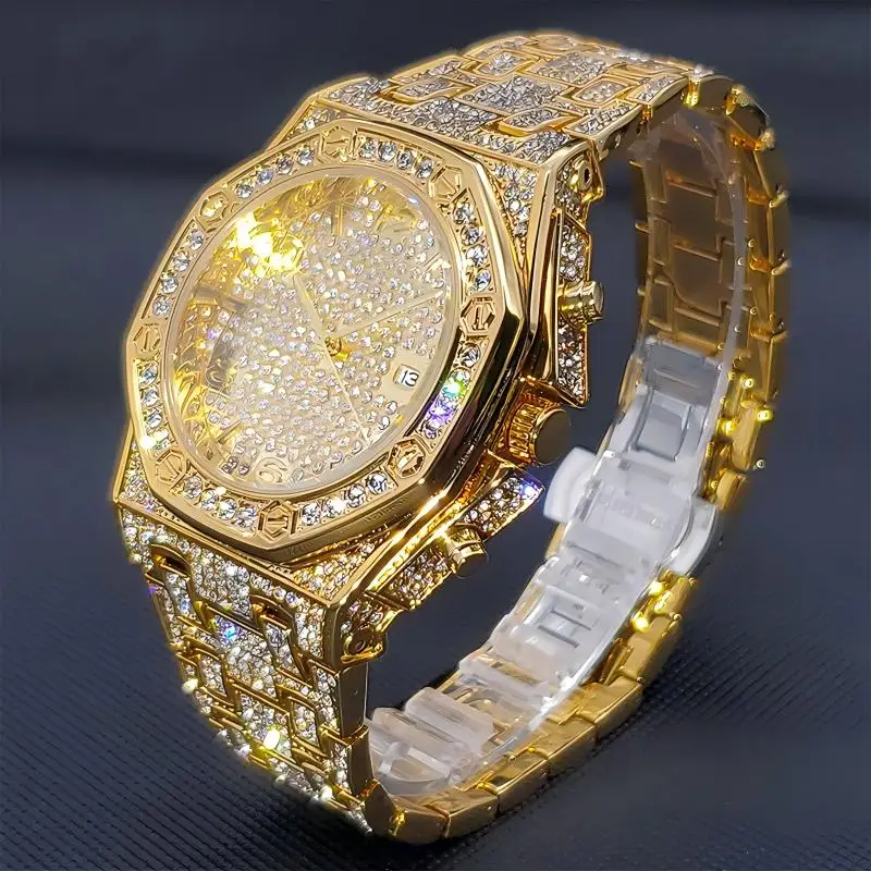 Gold Watches For Men Full Iced Diamond Men's Quartz Watch Luxury Fashion Calendar Wristwatch Dropshipping