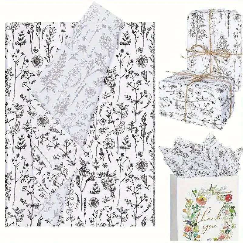 Wildflower Black and White Floral Tissue Paper 20 Sheets Translucent Botanical Gift Wrap for Birthday Baby Shower Wedding Favors