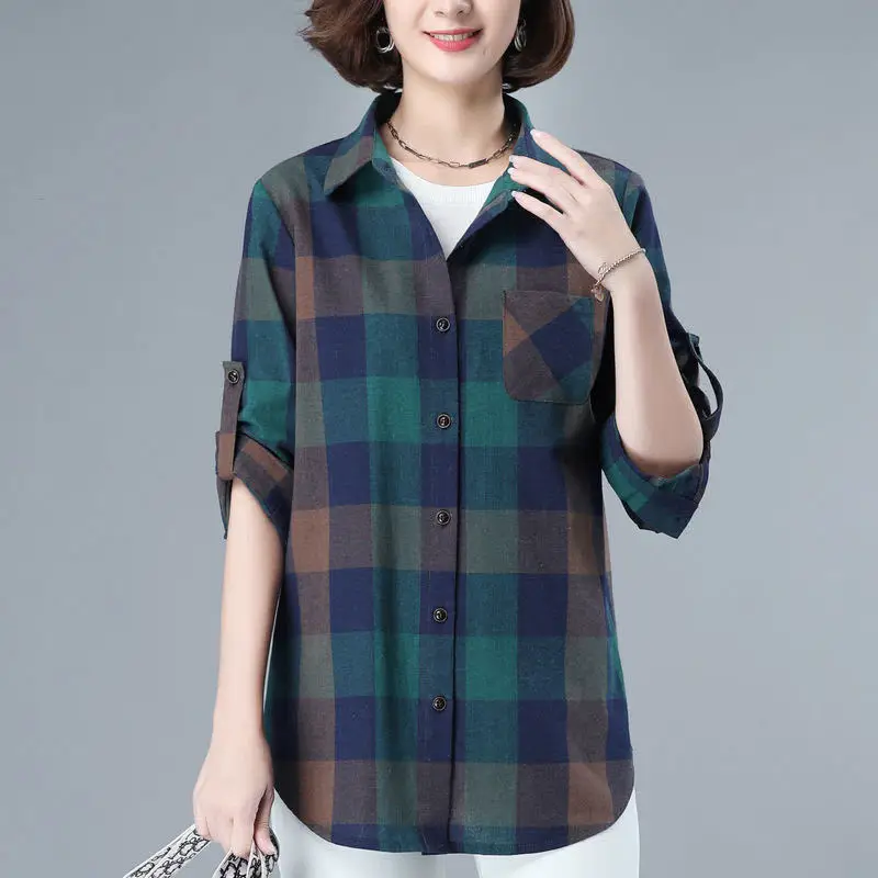 Stylish Spliced Pockets Asymmetrical Lattice Shirt Women\'s Clothing 2022 Autumn New Oversized Casual Tops Loose Korean Blouse