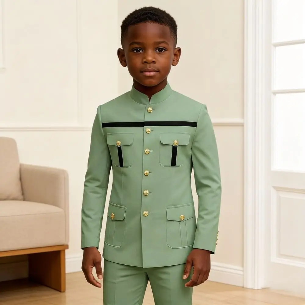 Kids Wedding Tuxedo Outfits 2 Pieces Suits Stand Collar Sage Green Black Contrast Details Banquet Special Occasion Wear 2026