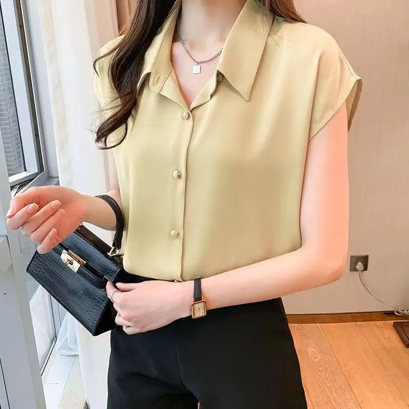 Summer New Slim Style POLO Collar Single Breasted Solid Sleeveless Fashion Commute Korean Version Professional Dress Thin Shirt