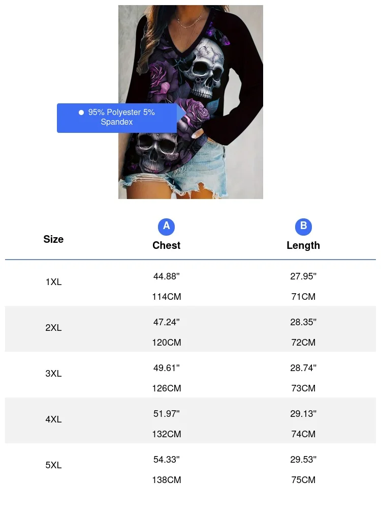 여성용 플러스 사이즈 해골 및 꽃무늬 프린트 티셔츠, 캐주얼 긴팔 V넥 탑, 용수철 및 가을 의류, 모든 성도의 날