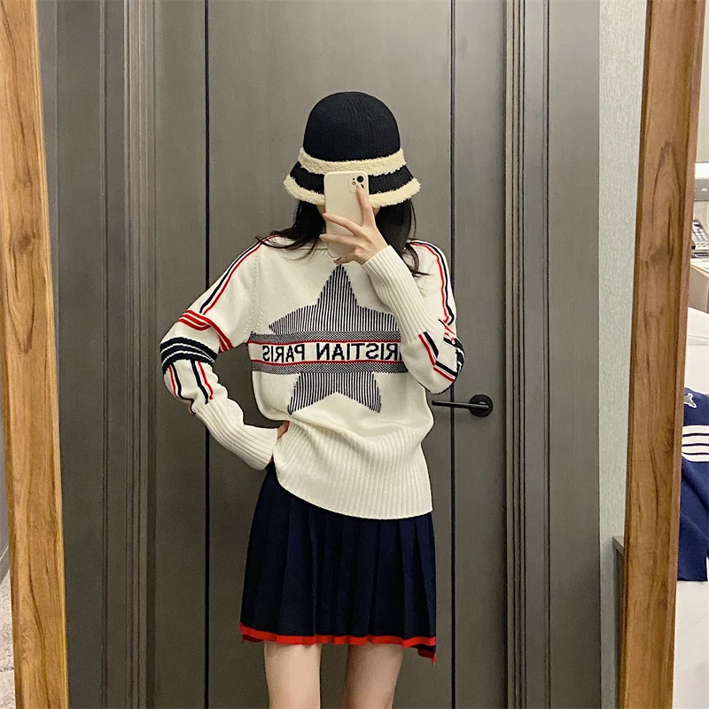 Women's Collared Knitted Sweater Letter Embroidery Star Pattern Base irt Spring Season Color Blo Unique Top Korean Sle
