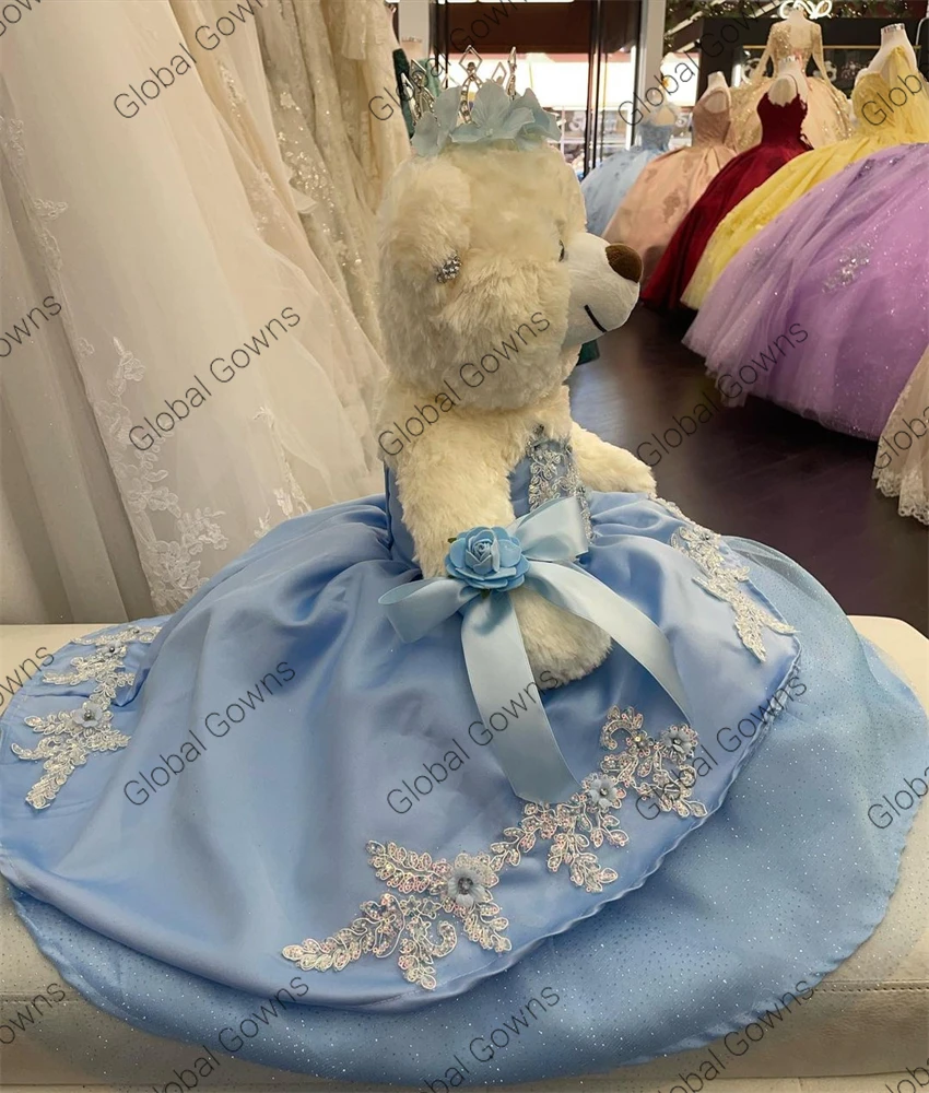 Sky Blue Link especial para vestido personalizado Quinceanera ursinho, requintados apliques camadas